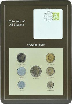 Набір монет Іспанія Набір монет 1982-1985 UNC 1, 2, 5, 10, 25, 50, 100 песет і 1 марка Буклет М10738 фото