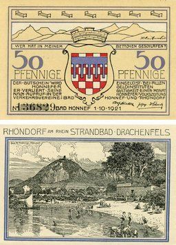 Banknote Germany Notgeld 50 pfennig 1921 F-VF Bad Honnef Variety 1