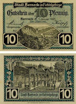 Banknote Germany Notgeld 10 pfennig 1921 F-VF Berneck im Fichtelgebirge