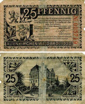 Banknote Germany Notgeld 25 pfennig 1920 F-VF Altenkirchen