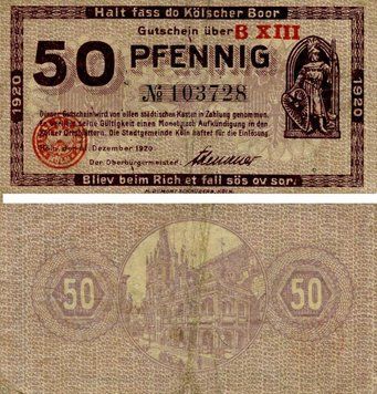 Banknote Germany Notgeld 50 pfennig 1920 F-VF Cologne Variety 2