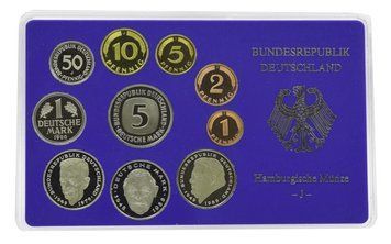 Набір монет Німеччина набір з 10 монет 1990 Proof J 1, 2, 5, 10, 50 пфенігів, 1, 2, 2, 2, 5 марок у сувенірній упаковці М22738 фото