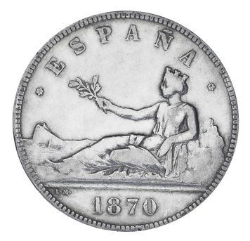 Монета Іспанія 5 песет 1870 Срібло F-VF Тимчасовий уряд (1869 - 1874) (Ag 900, 25 грам) М19775 фото