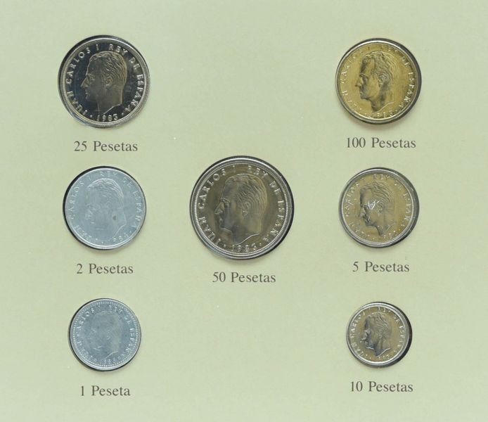 Coins set Spain Set of coins 1982-1985 UNC 1, 2, 5, 10, 25, 50, 100 pesetas and 1 mark Booklet