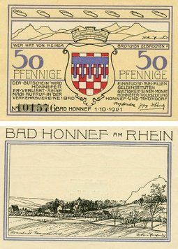 Banknote Germany Notgeld 50 pfennig 1921 F-VF Bad Honnef Variety 2