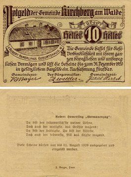 Banknote Germany Notgeld 10 pfennig 1920 F-VF Kirchberg
