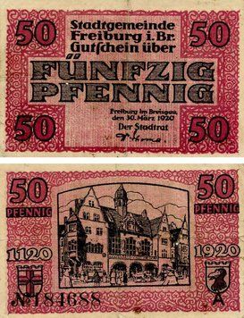 Banknote Germany Notgeld 50 pfennig 1920 F-VF Freiburg Variety 1