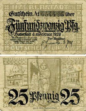 Banknote Germany Notgeld 25 pfennig 1920 F-VF Halberstadt Variety 1