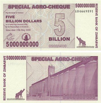 Zimbabwe $ 5,000,000,000 2008 UNC Agrochek (P61)