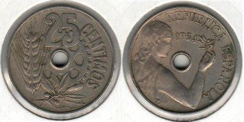 Іспанія 25 сентимо 1934 VF (KM#751) М02341 фото
