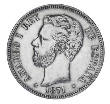 Монета Іспанія 5 песет 1871 Срібло F-VF Тимчасовий уряд (1869 - 1874) AMADEO I (Ag 900, 25 грам) М19776 фото