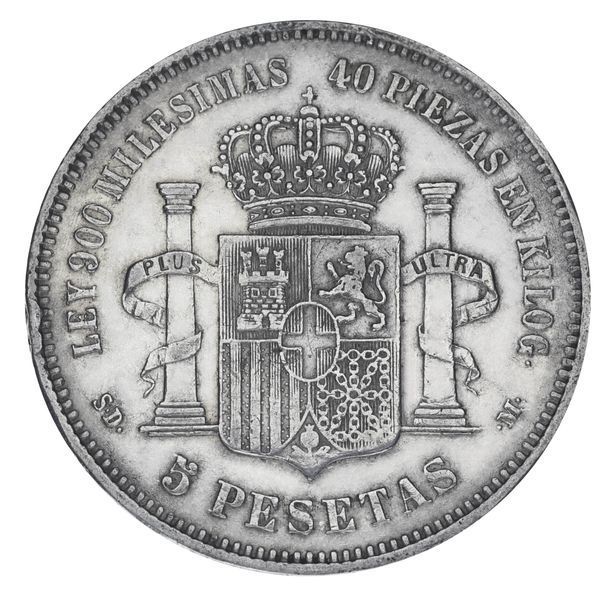 Coin Spain 5 pesetas 1871 Silver F-VF Provisional Government (1869 - 1874) AMADEO I (Ag 900, 25 grams)