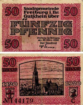 Banknote Germany Notgeld 50 pfennig 1920 F-VF Freiburg Variety 2