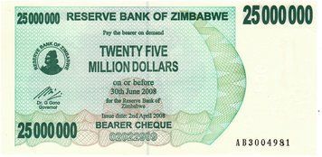 Zimbabwe $ 25,000,000 2008 UNC Check (P56)