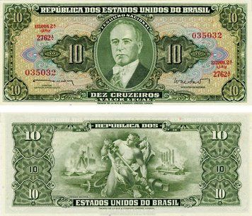 Банкнота Бразилія 10 крузейро 1962 UNC Зелена (P177) Б12572 фото