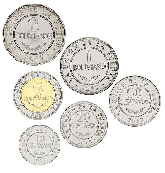 Bolivia set of 6 coins 2012-2017 UNC 10, 20, 50 centavos, 1, 2, 5 bolivians