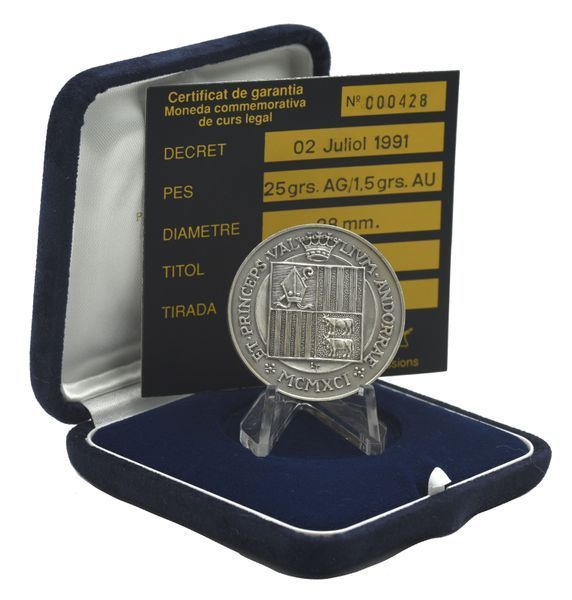 Coin Andorra 25 Diners 1991 Gold and Silver UNC 20th Anniversary of the Episcopal Co-Government (1.37 grams of gold) (KM#69)