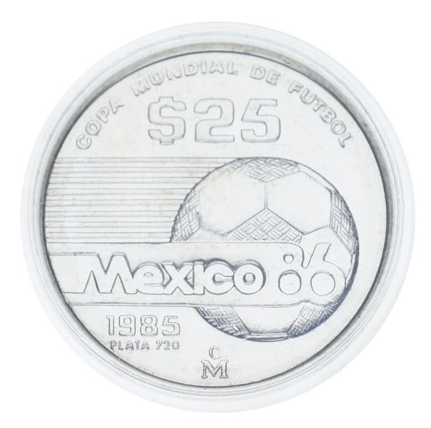Coin Mexico 25 Pesos 1985 Silver UNC FIFA World Cup in Mexico 1986 &mdash; Inscription on Ball