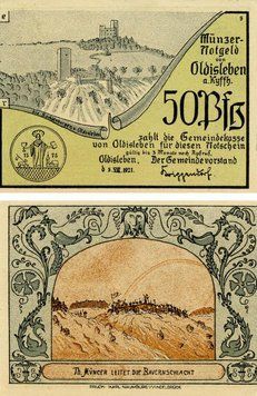 Banknote Germany Notgeld 50 pfennig 1921 F-VF Oldisleben Variety 2