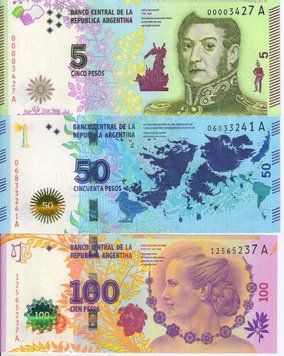 Аргентина набір з 3 банкнот &laquo;5, 50, 100 песо&raquo; UNC Б04822 фото