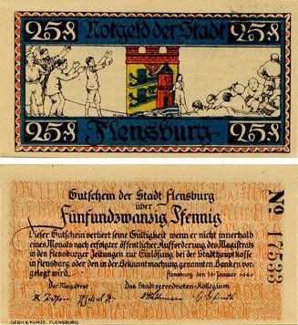 Banknote Germany Notgeld 25 pfennig 1920 F-VF Flensburg