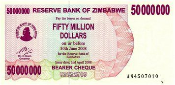 Zimbabwe $ 50,000,000 2008 UNC Check