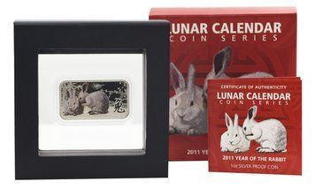 Монета Острови Кука 1 долар 2011 Срібло UNC Східний календар - Рік кролика (два білі кролики) в упаковці М20886 фото