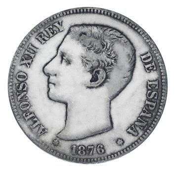 Монета Іспанія 5 песет 1876 Срібло F-VF Король Альфонсо XII (1875 - 1885) (Ag 900, 25 грам) М19778 фото