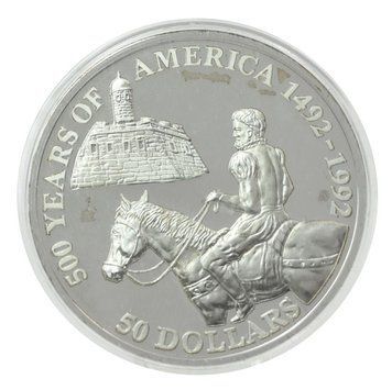 Монета Острови Кука 50 доларів 1992 Срібло Proof 500 років Відкриттю Америки &ndash; Педро Менендес де Авілес М22624 фото