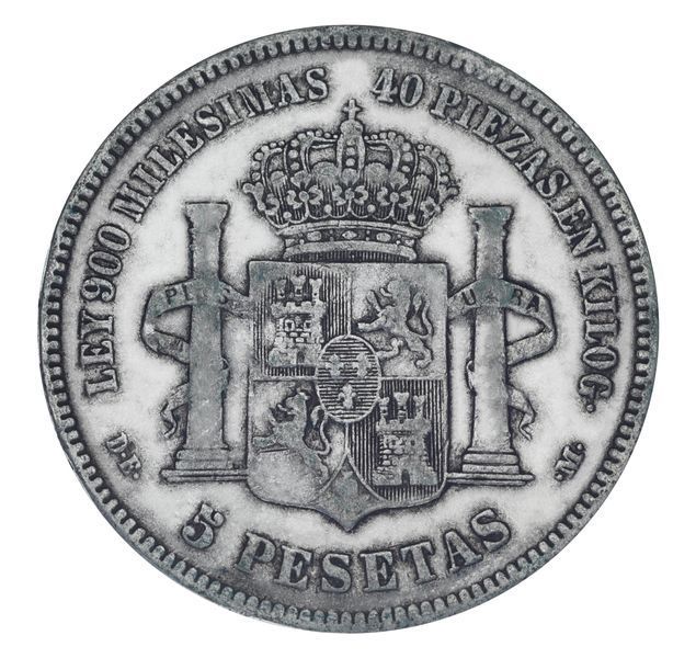 Coin Spain 5 pesetas 1876 Silver F-VF King Alfonso XII (1875 - 1885) (Ag 900, 25 grams)
