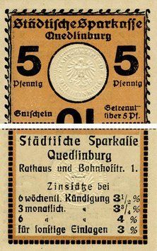 Banknote Germany Notgeld 5 pfennig 1920 F-VF Quedlinburg Variety 1