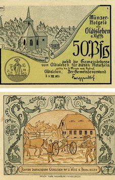 Banknote Germany Notgeld 50 pfennig 1921 F-VF Oldisleben Variety 3