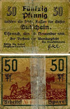 Banknote Germany Notgeld 50 pfennig 1919 G-VG Eisenach
