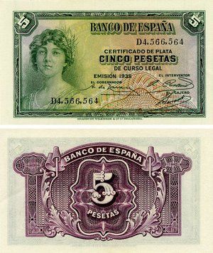 Банкнота Испания 5 песет 1935 UNC (P85) Б21530 фото