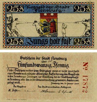 Banknote Germany Notgeld 25 pfennig 1920 F-VF Flensburg Variety