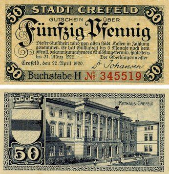 Banknote Germany Notgeld 50 pfennig 1920 F-VF Krefeld