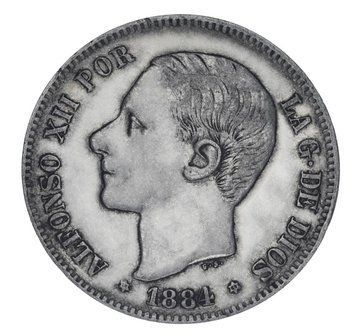 Монета Іспанія 5 песет 1884 Срібло F-VF Король Альфонсо XII (1875 - 1885) (Ag 900, 25 грам) М19779 фото