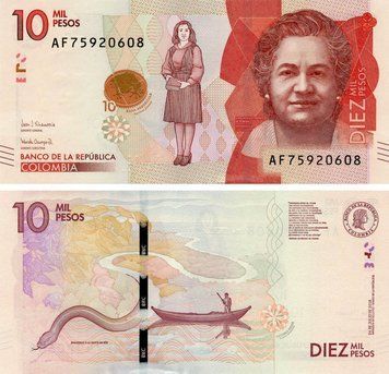 Банкнота Колумбия 10000 песо 2018 UNC Река Амазонка Змея (P460) Б20068 фото