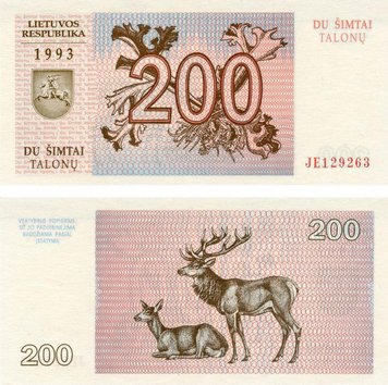 Литва 200 талонів 1993 UNC Олень (P43) Б12574 фото