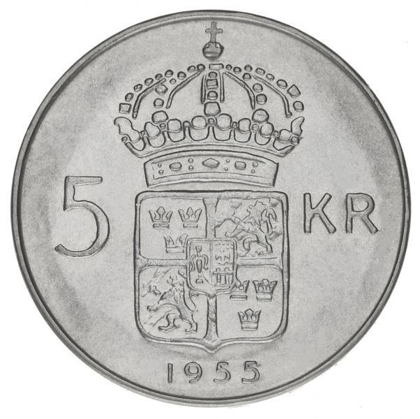 Coin Sweden 5 kronor 1955 Silver AU-UNC King of Sweden Gustav VI Adolf