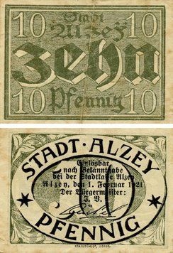 Banknote Germany Notgeld 10 pfennig 1921 F-VF Alzey