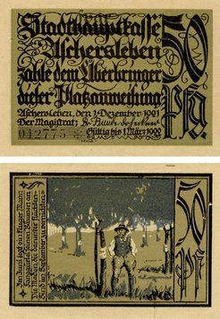 Banknote Germany Notgeld 50 pfennig 1921 F-VF Aschersleben Variety 1