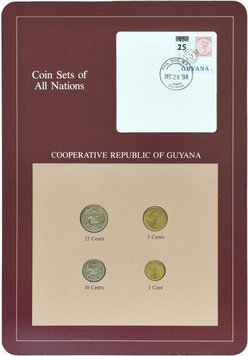 Guyana Set of 4 coins 1982-1985 UNC 1, 5, 10, 25 cents and 1 mark Booklet