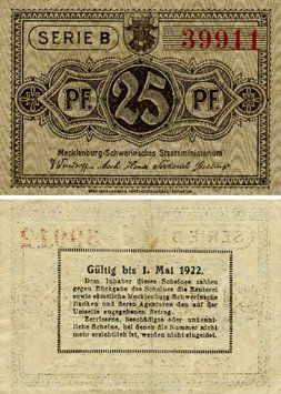 Banknote Germany Notgeld 25 pfennig 1922 F-VF Mecklenburg