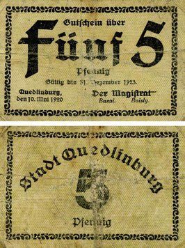 Banknote Germany Notgeld 5 pfennig 1920 F-VF Quedlinburg Variety 2