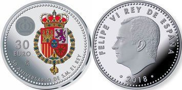 Монета Іспанія 30 євро 2018 &laquo;50 років від дня народження короля Філіпа VI&raquo; UNC М09522 фото