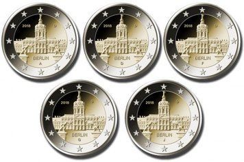 Набір монет Німеччина набір з 5 монет по 2 євро 2018 A, D, F, G, J &laquo;Берлін&raquo; UNC М08433 фото