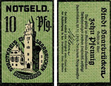 Banknote Germany Notgeld 10 pfennig 1919 F-VF Saarbr&uuml;cken