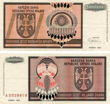Banknote Croatia Serbian Krajina 10,000,000,000 Dinar 1993 VF-AU (PR19)