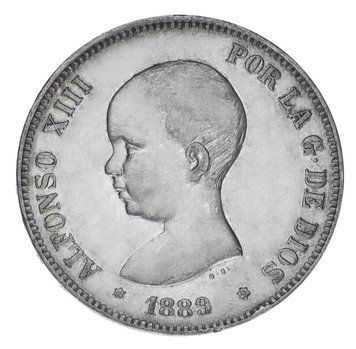 Монета Іспанія 5 песет 1889 Срібло F-VF Король Альфонсо XIII (1886 - 1931) (Ag 900, 25 грам) М19780 фото